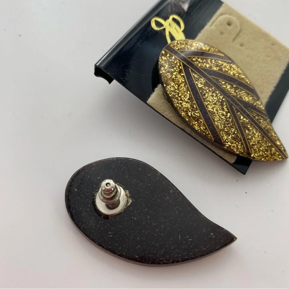 Gold and Brown Leaf Earrings Enamel Sparkly Pierced Post Autumn Fall